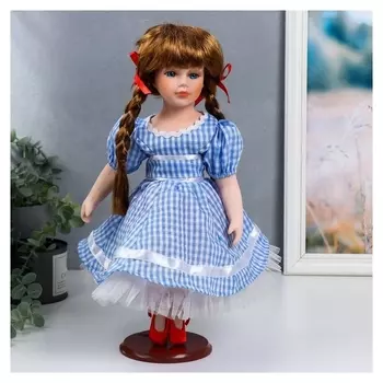 Кукла коллекционная керамика "Мила в синем платье в мелкую клетку" 40 см