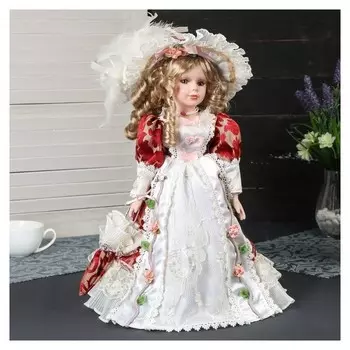 Кукла коллекционная керамика Милана в платье с узорами со шляпкой и зонтом