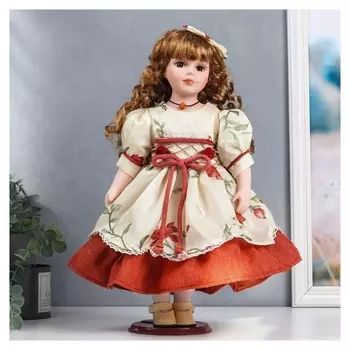 Кукла коллекционная керамика "Оля в платье с цветами и бордовой нижней юбкой" 40 см