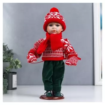 Кукла коллекционная керамика "Паша в красном зимнем свитере, шапке и шарфе" 30 см