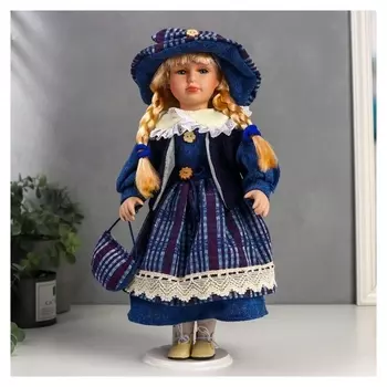 Кукла коллекционная керамика "Сашенька в ярко-синем наряде в клетку" 40 см
