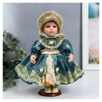 Кукла коллекционная керамика "Танечка в платье цвета морской волны и чепчике" 30 см