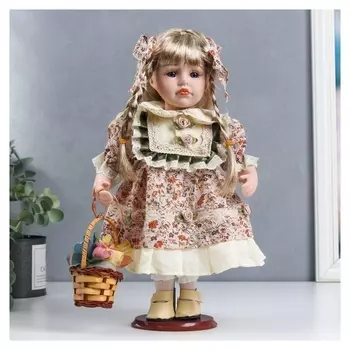 Кукла коллекционная керамика "Валя в цветочном платье, с корзинкой" 30 см