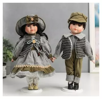Кукла коллекционная парочка набор 2 шт "Марина и паша в нарядах в зелёную полоску" 30 см