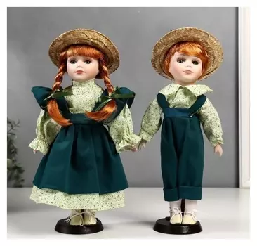 Кукла коллекционная парочка набор 2 шт "Маша и миша в зелёных нарядах" 30 см