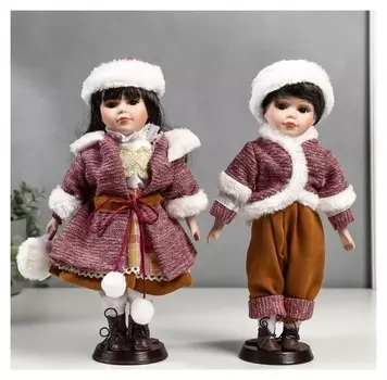 Кукла коллекционная парочка набор 2 шт "Ника и паша в нарядах с мехом" 30 см