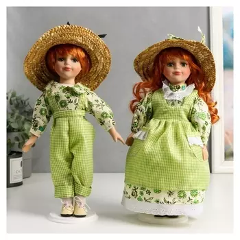 Кукла коллекционная парочка набор 2 шт "Таня и ваня в ярко-зелёных нарядах в клетку" 30 см