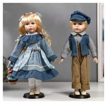 Кукла коллекционная парочка набор 2 шт "Вера и сережа в голубых нарядах" 40 см