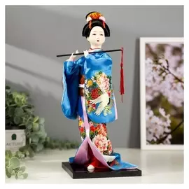 Кукла коллекционная "Японка в шелковом голубом кимоно с флейтой" 30х12,5х12,5 см