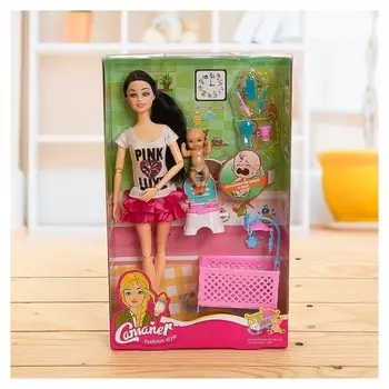 Кукла модель Молодая мама с ребёнком и аксессуарами