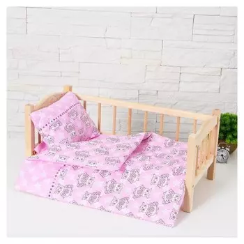 Кукольное постельное"Cовушки и звезды на розовом"простынь 46*36,одеяло,46*36,подушка 23*17