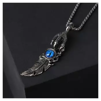 Кулон-амулет "Помпеи" перышко, цвет синий в чернёном серебре, 70 см