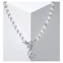 Кулон "Бабочка" жемчужная роса, цвет белый в серебре, 40см