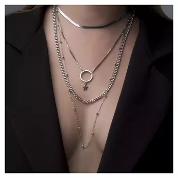 Кулон "Цепь" авангард, круг, 4 яруса, цвет серебро, 35-70см