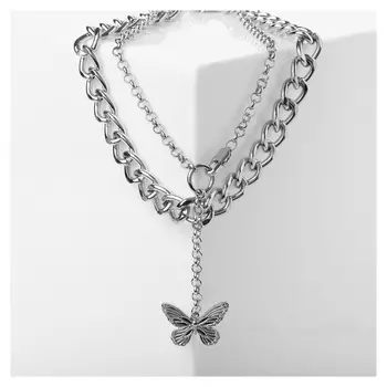 Кулон "Цепь" бабочка, цвет серебро, длина 52см