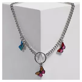 Кулон "Цепь" бабочки, цветной в серебре, 40см