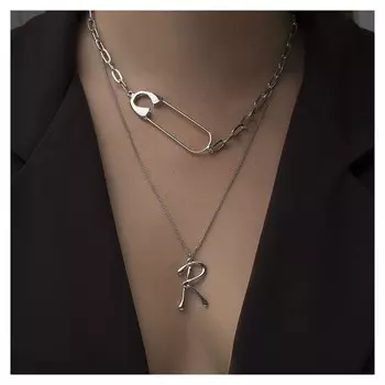 Кулон "Цепь" буква R, цвет серебро, 56 см