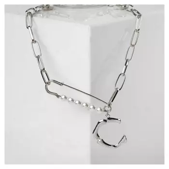 Кулон "Цепь" булавка в жемчуге, цвет белый в серебре, L=45 см