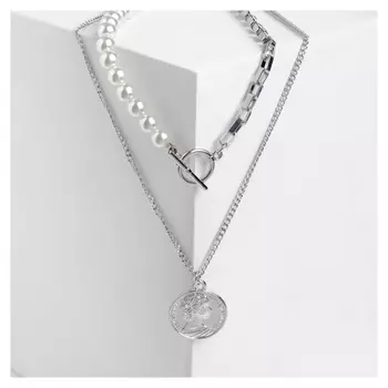 Кулон "Цепь" дорожка жемчуга, цвет белый в серебре, 45см