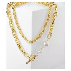 Кулон "Цепь" двойное плетение с жемчугом, цвет белый в золоте, L=60 см