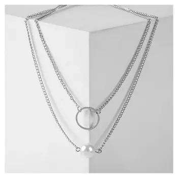 Кулон "Цепь" кольцо и жемчуг, цвет белый в серебре