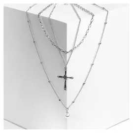 Кулон "Цепь" крест с жемчугом, цвет белый в серебре, L=60 см