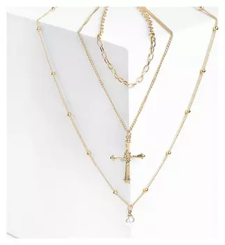 Кулон "Цепь" крест с жемчугом, цвет белый в золоте, L=60 см