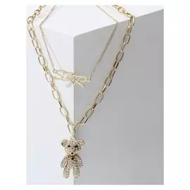 Кулон "Цепь" мишка в стразах, цвет белый в золоте, L=62 см