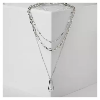 Кулон "Цепь" многоярусный, жемчужинка с медальоном, цвет белый в серебре, L=54 см