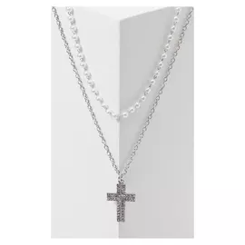 Кулон "Цепь" нить из жемчуга, крест широкий, цвет белый в серебре, L=43