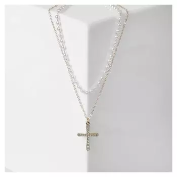Кулон "Цепь" нить из жемчуга, крестик плавный, цвет белый в золоте, 35 см