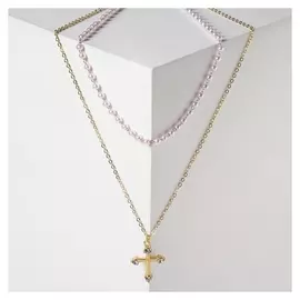 Кулон "Цепь" нить из жемчуга, крестик с окончаниями, цвет белый в золоте, 35 см