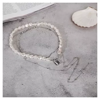 Кулон "Цепь" топ, жемчужный замок, цвет белый в серебре, 62см