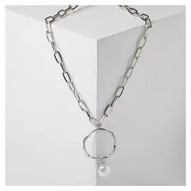 Кулон "Цепь" жемчужный круг, цвет белый в серебре ,35см