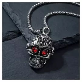 Кулон "Череп с узорами" яркие глаза, цвет красный в чернёном серебре, 70см