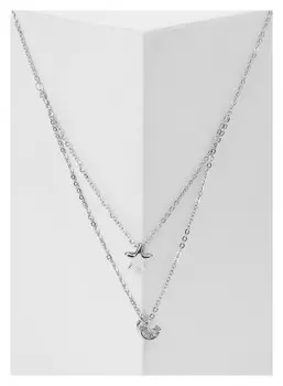 Кулон "Две нити" полумесяц и звезда, цвет белый в серебре, длина 45см