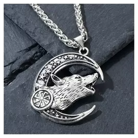 Кулон-оберег "Волк в полумесяце" коловрат, цвет чернёное серебро, 50см