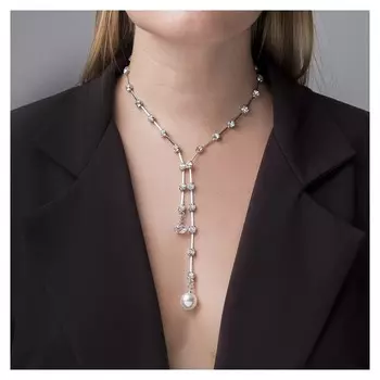 Кулон с жемчугом "Цепь" импровизация, цвет белый в серебре, 40 см