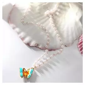 Кулон "Жемчужная бабочка", цветной в золоте, 42 см