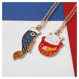 Кулоны "Неразлучники" котик и рыбка, цвет бордово-синий в золоте, 45 см
