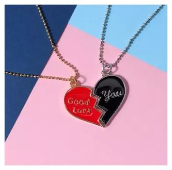 Кулоны "Неразлучники" половинки сердца, удача, цвет красно-чёрный в серебристо-золотом, 45см