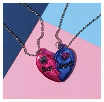 Кулоны "Неразлучники" яркие сердечки, цвет розово-синий в серебре, 45 см