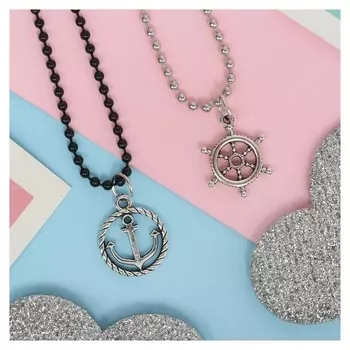 Кулоны "Неразлучники" штурвал и якорь, цвет чёрно-серебряный, 45 см