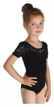 Купальник гимнастический, кокетка и короткий рукав гипюр, размер 34, цвет чёрный