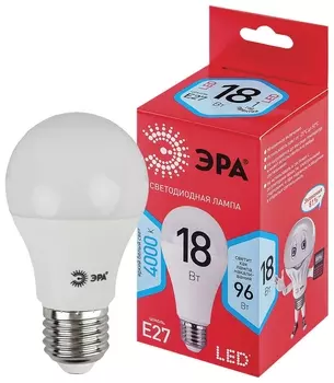 Лампа светодиодная эра, 18(96)вт, цоколь е27, груша, нейтральный белый, 25000 ч, LED A65-18w-4000-e27, б0052381