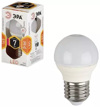 Лампа светодиодная эра, 7 (60) Вт, цоколь E27, шар, теплый белый свет, 30000 ч., LED Smdp45-7w-827-e27