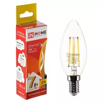Лампа светодиодная IN Home, с37, 7 Вт, е14, 630 Лм, 3000 К, теплый белый, прозрачная