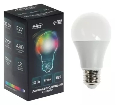 Лампа светодиодная Rgb+w, с пультом, а60, 10 Вт, 800 Лм, е27, 220 В