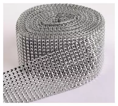 Лента с имитацией страз, 6 см, 9 ± 1 м, цвет серебряный