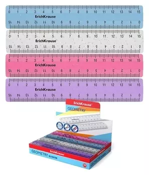 Линейка 15 см Erichkrause Glitter, пластик, из 4 цветов, в коробке-дисплее